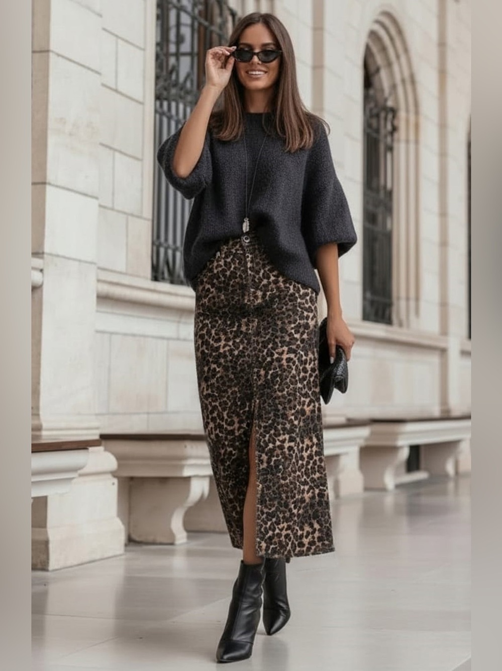 ZAYA LEOPARD DENIM FRONT SLIT FLARED MIDAXI SKIRT-BROWN